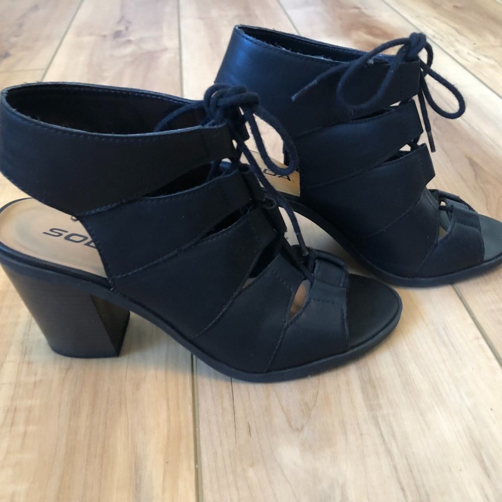 Soda Black Faux Leather Gladiator Lace Up Heeled Sandal Booties Boots Heels